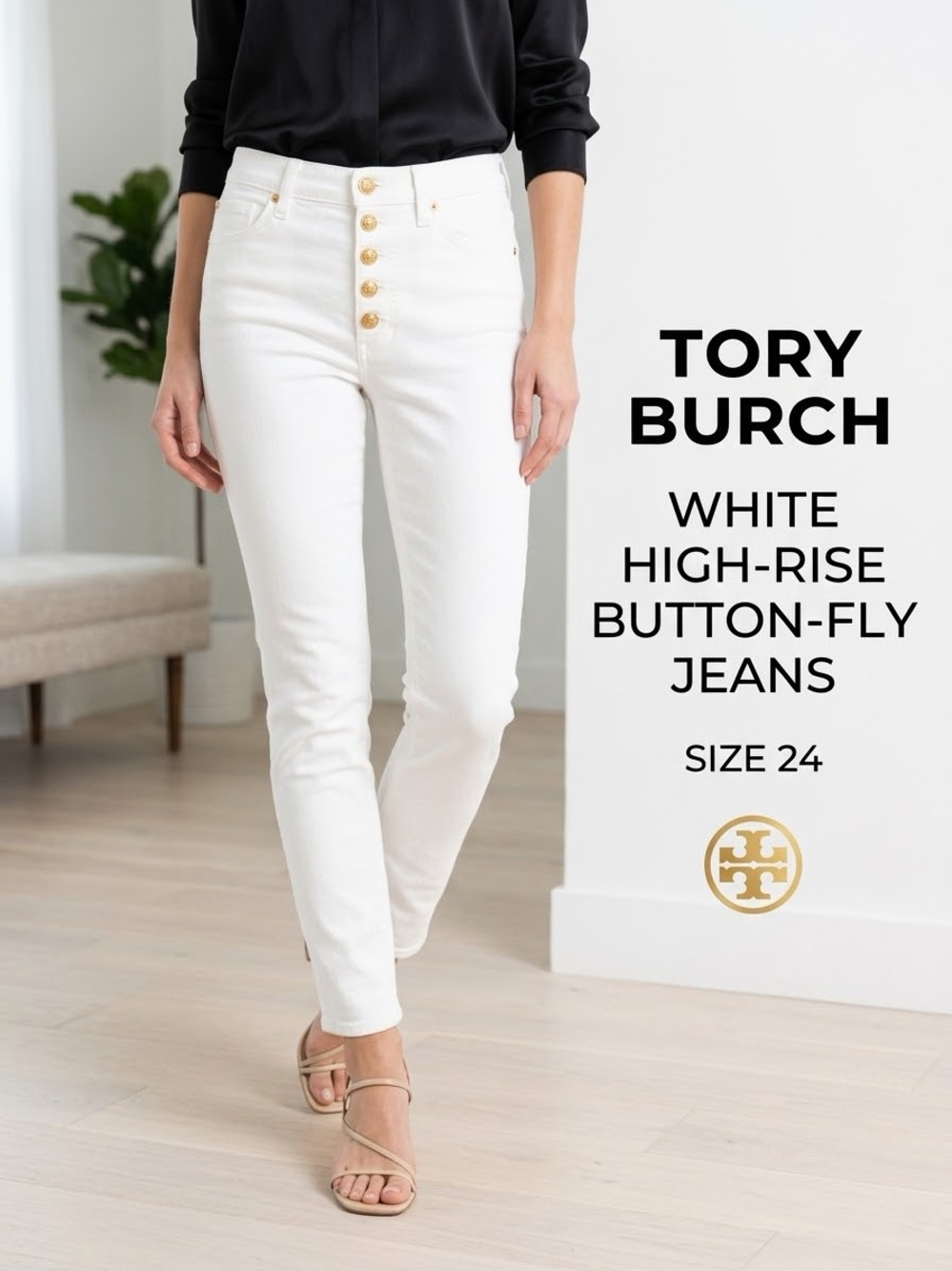 Tory Burch White High-Rise Button-Fly Jeans with Gold Buttons